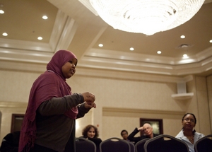 Participant speaking during a workshop